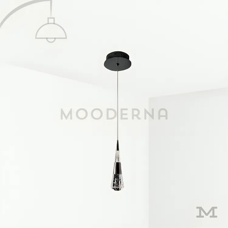 Luminaria colgante decorativa de diseño estilizado. Amelux Black en fondo blanco, mostrando su diseño colgante minimalista con acabado negro mate.