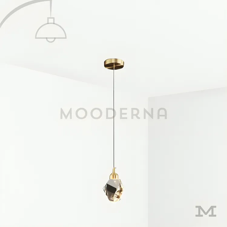 Luminaria colgante decorativa en color dorado. Soléth Gold en fondo blanco, resaltando su diseño colgante en acabado dorado con cuerpo de vidrio y luz LED integrada.