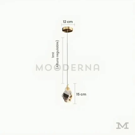 Soléth Gold con medidas referenciales, mostrando su altura base de 15 cm y cable regulable hasta 1 m.