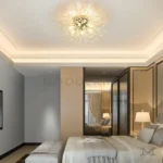 Detalle cercano de Venus Platinum, mostrando el acabado cromado y el entramado decorativo con focos LED.