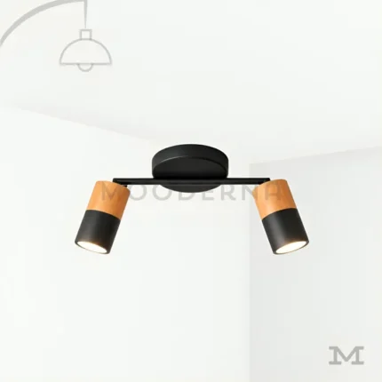 Aronia Mix en fondo blanco, resaltando su diseño moderno con doble foco orientable en acabado negro y madera.