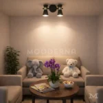 Safyra Black and Gold instalada en sala, aportando iluminación puntual y estilo contemporáneo.