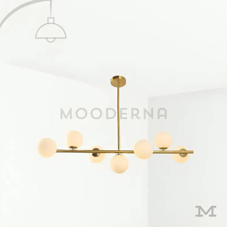 Adele Gold en fondo blanco, mostrando su diseño lineal con siete esferas de vidrio y estructura metálica en acabado dorado satinado.