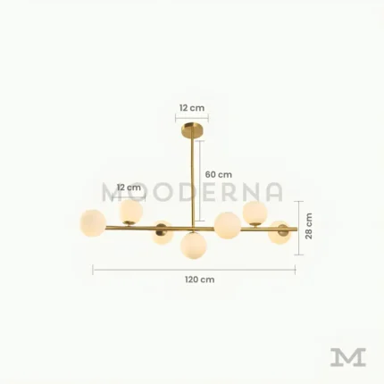 Adele Gold con medidas referenciales, mostrando largo total de 120 cm, varilla fija de 60 cm y diámetro de esferas de 28 cm.