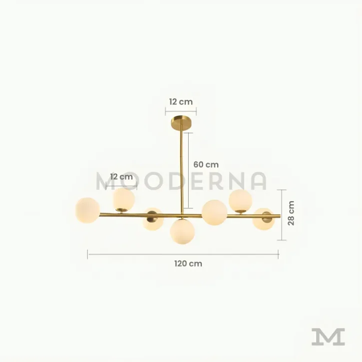 Adele Gold con medidas referenciales, mostrando largo total de 120 cm, varilla fija de 60 cm y diámetro de esferas de 28 cm.