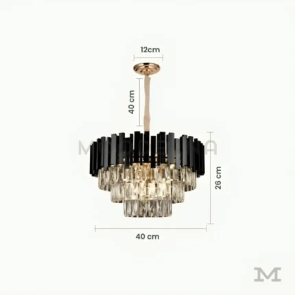 Tokio Black and Gold con medidas referenciales, mostrando su diámetro de 40 cm y altura total de 26 cm con cadena de 40 cm.