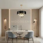 Vista de Tokio Black and Gold en comedor contemporáneo, resaltando el brillo de los cristales y el contraste black & gold.