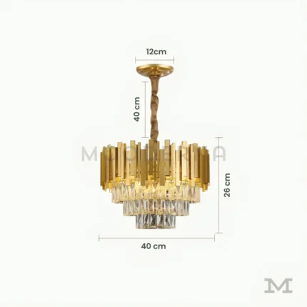 Tokio Gold con medidas referenciales, mostrando su diámetro de 40 cm, altura de 26 cm y cadena de 40 cm.