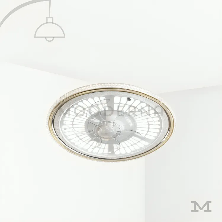 Luminaria de techo decorativa con ventilador incorporado. Anny Gold en fondo blanco, mostrando su diseño circular con iluminación LED y ventilador integrado.