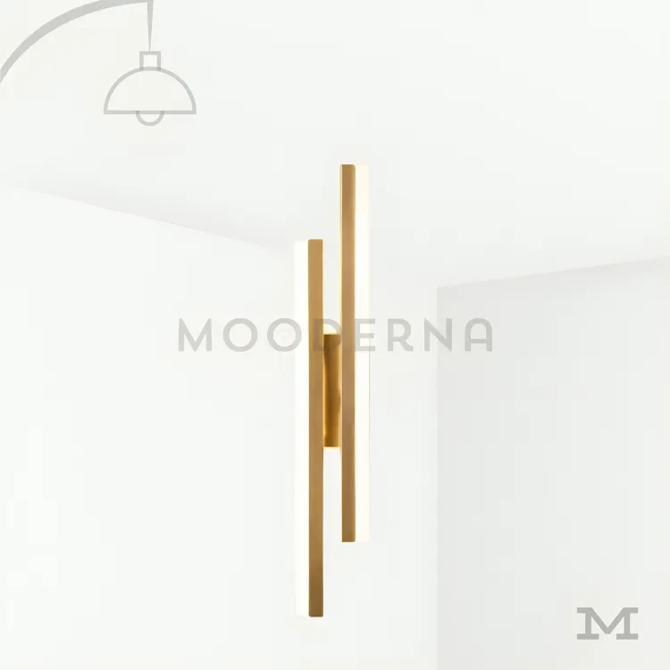 Aplique LED moderno en acabado dorado. Eiko Gold en fondo blanco, resaltando su diseño vertical minimalista en acabado dorado satinado.