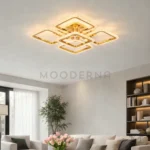 Carmina Gold en segunda toma de sala, resaltando su luz cálida y estructura dorada.