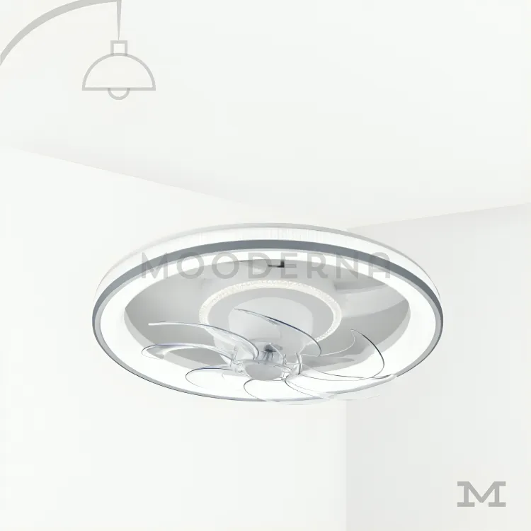 Luminaria de techo LED con ventilador incorporado. Agnes White Blue en fondo blanco, resaltando su diseño circular moderno con ventilador integrado y acabado en tonos blanco y azul.