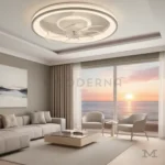 Agnes White Blue instalada en sala, ofreciendo iluminación principal y circulación de aire en un solo equipo.