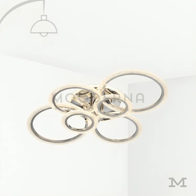 Luminaria de techo LED decorativa. Tyra Platinum en fondo blanco, destacando su diseño moderno con aros entrelazados en acabado platino satinado.