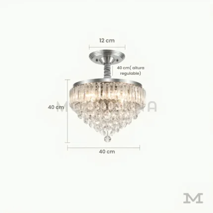 Pauline Plata Crystal con medidas referenciales, mostrando su diámetro de 40 cm y altura regulable.