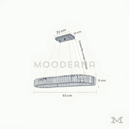 Kahori Platinum Crystal con medidas referenciales, mostrando su estructura de 63 cm y altura regulable.