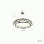 Nuria Platinum Crystal con medidas referenciales, mostrando su diámetro de 40 cm y sistema colgante regulable.