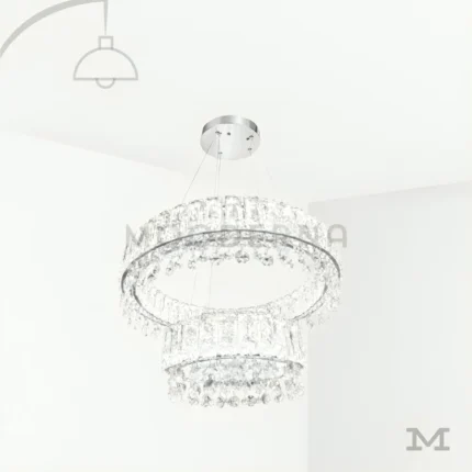 Danielle Platinum Crystal en fondo blanco, destacando su diseño colgante moderno con cristales decorativos y acabado plateado brillante.