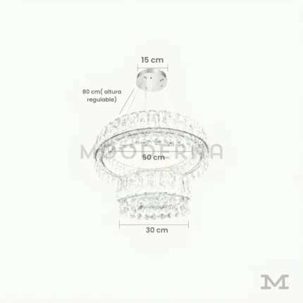 Danielle Platinum Crystal con medidas referenciales, mostrando sus diámetros de 30 y 50 cm y su altura regulable.