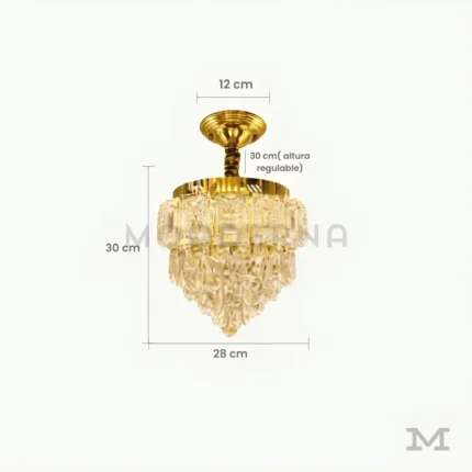 Matilda Gold Crystal con medidas referenciales, mostrando su diámetro de 28 cm y altura de 30 cm.