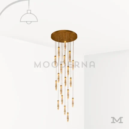 Lámpara colgante Sienna Gold de 19 luces LED con base circular dorada y diseño en cascada.