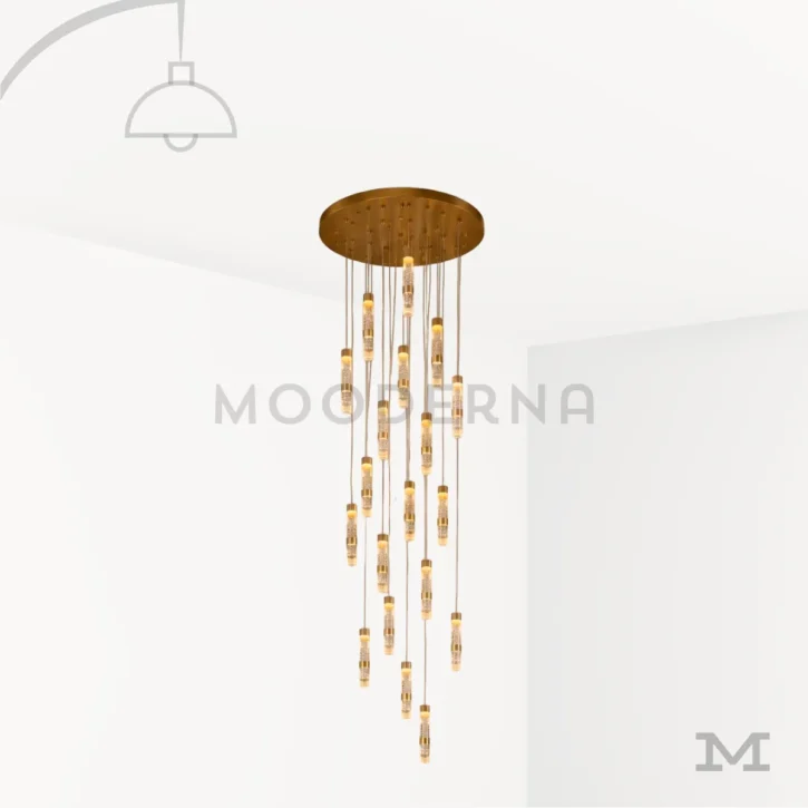 Lámpara colgante Sienna Gold de 19 luces LED con base circular dorada y diseño en cascada.