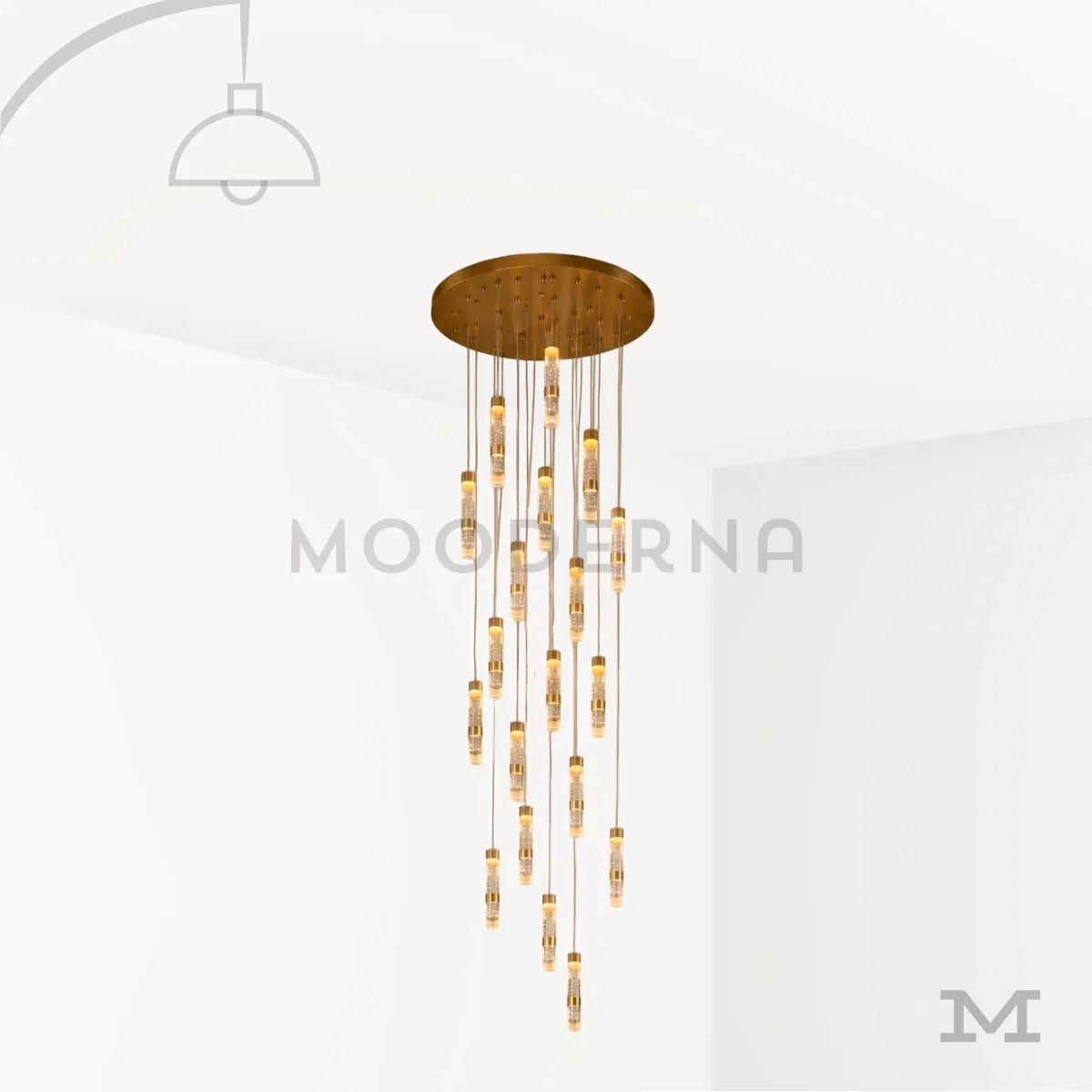 Sienna Gold – Lámpara colgante dorada de 19 luces. Lámpara colgante Sienna Gold de 19 luces LED con base circular dorada y diseño en cascada.