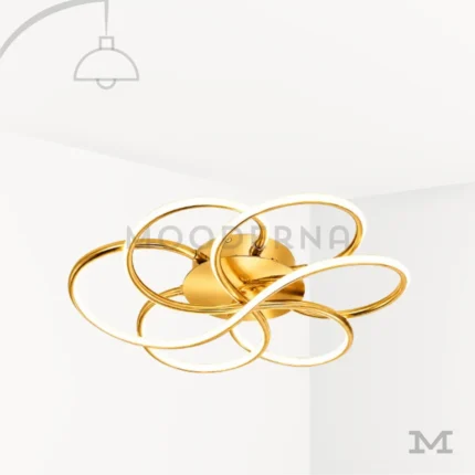 Lámpara LED de techo Lota Gold dorada con aros entrelazados y diseño moderno