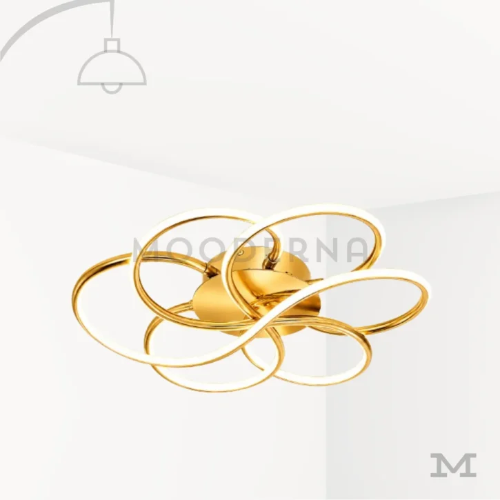 Lámpara LED de techo Lota Gold dorada con aros entrelazados y diseño moderno