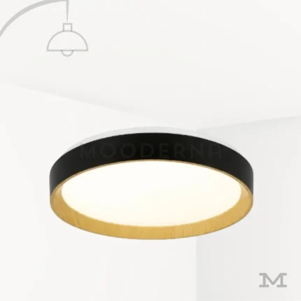 Luminaria LED circular Sunna Mix-Wood negra con borde efecto madera y difusor blanco