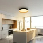 Luminaria LED de techo Sunna Mix-Wood instalada en cocina moderna con isla y muebles de madera