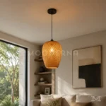 Luminaria colgante rústica Sunna Mix con luz cálida en sala moderna de tonos neutros