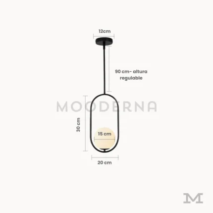Medidas de lámpara colgante Harriet Black de 30 por 20 cm y altura regulable de 90 cm.