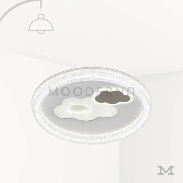 Luminaria LED de techo Nefeli con diseño circular de cristal y figuras de nubes iluminadas