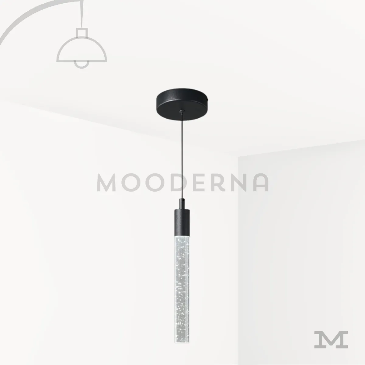 Misaki Black – Luminaria LED colgante negra. Lámpara LED colgante individual Misaki Black negra con difusor transparente de efecto cristal burbuja.