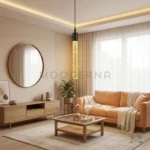 Lámpara colgante Misaki Black iluminada en sala moderna con sofá beige y decoración minimalista.