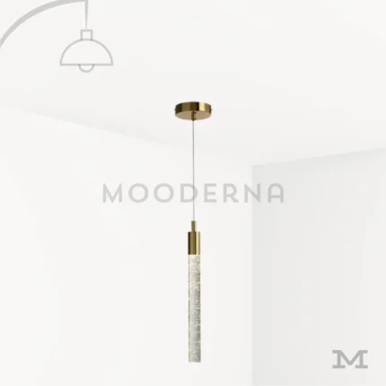 Lámpara colgante LED Misaki Gold dorada con diseño cilíndrico y difusor de efecto cristal burbuja.