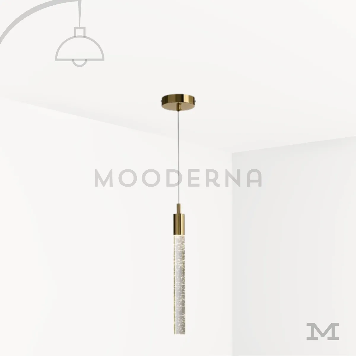 Misaki Gold – Luminaria LED colgante dorada. Lámpara colgante LED Misaki Gold dorada con diseño cilíndrico y difusor de efecto cristal burbuja.