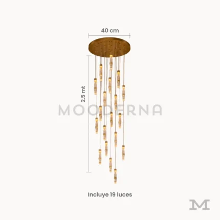 Medidas de lámpara Sienna Gold con base circular de 40 cm, caída de 2.5 metros y 19 luces LED.