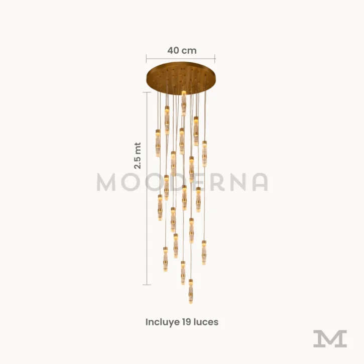 Medidas de lámpara Sienna Gold con base circular de 40 cm, caída de 2.5 metros y 19 luces LED.