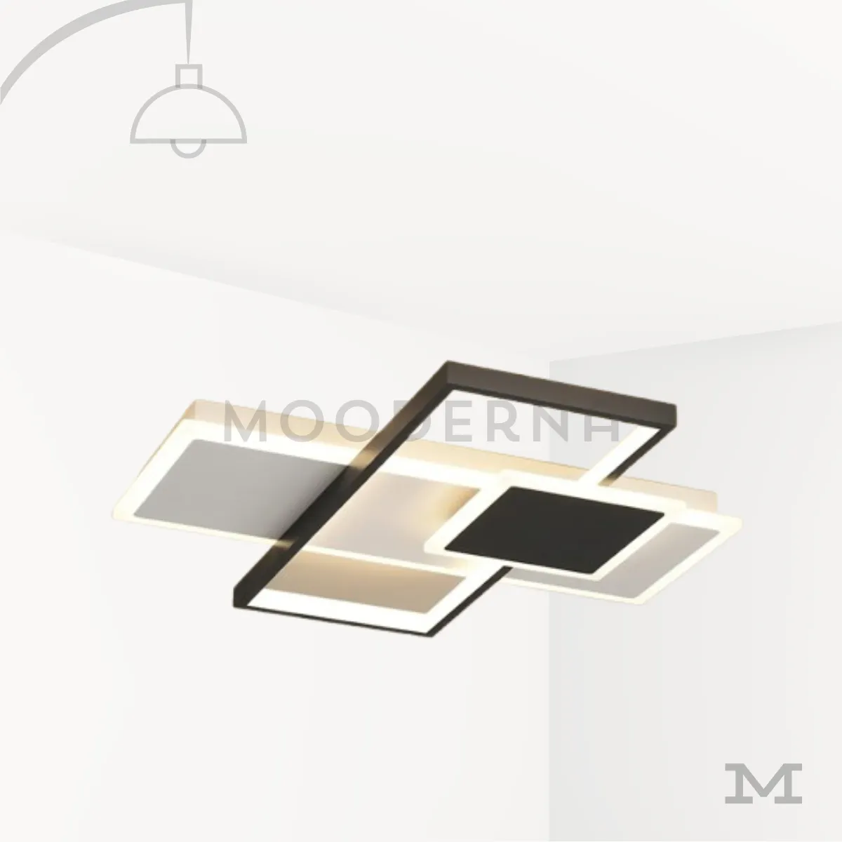 Sumire Mix – Luminaria LED de techo geométrica. Lámpara LED de techo Sumire Mix con diseño geométrico de cuadrados superpuestos en negro y blanco.