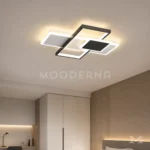 Luminaria LED de techo Sumire Mix negra y blanca iluminando un dormitorio contemporáneo.