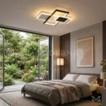 Lámpara LED de techo Sumire Mix con cuadrados negros y blancos iluminando un dormitorio moderno.