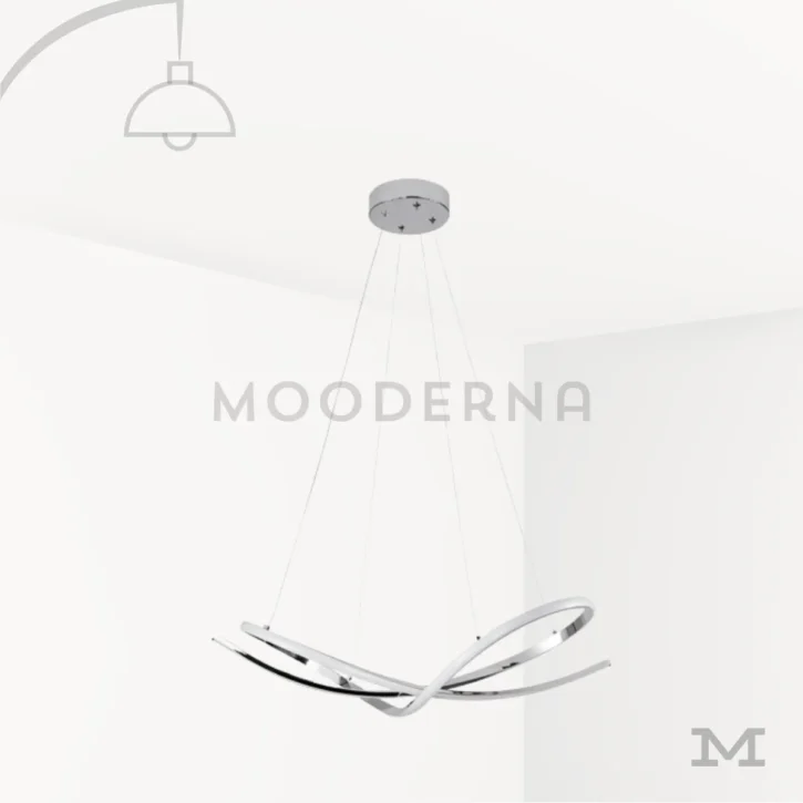 Luminaria colgante LED moderna Aranza Platinum con diseño de curvas entrelazadas y acabado plateado