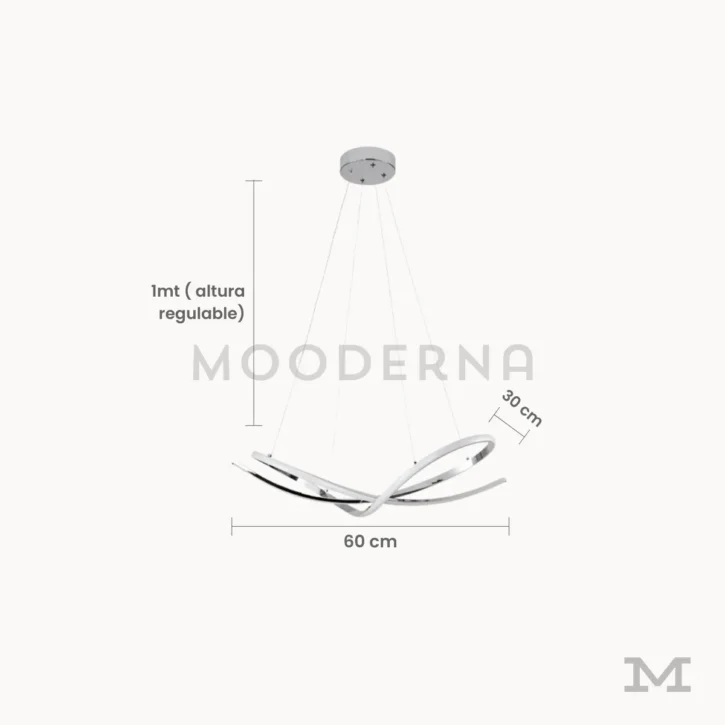 Medidas de luminaria colgante Aranza Platinum de 60 cm de ancho, 30 cm de profundidad y altura regulable