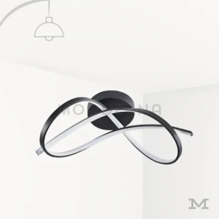 Luminaria LED de techo Hamaru Black negra con diseño moderno de curvas entrelazadas sobre fondo claro
