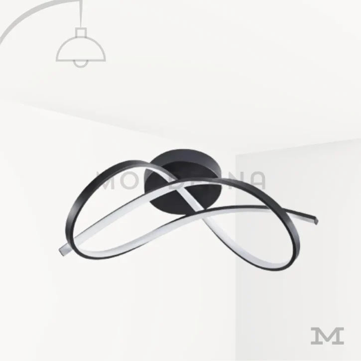 Luminaria LED de techo Hamaru Black negra con diseño moderno de curvas entrelazadas sobre fondo claro