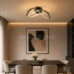Luminaria LED Hamaru Black negra encendida sobre mesa de comedor moderno con iluminación cálida