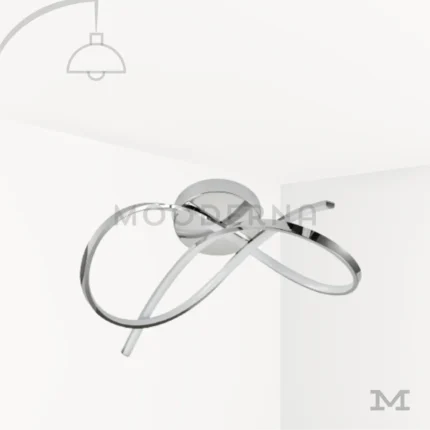 Luminaria LED plateada para sala Hamaru Platinum con diseño de curvas entrelazadas sobre fondo claro