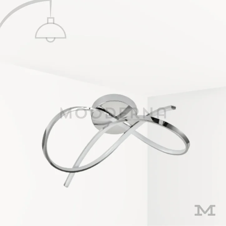 Luminaria LED plateada para sala Hamaru Platinum con diseño de curvas entrelazadas sobre fondo claro
